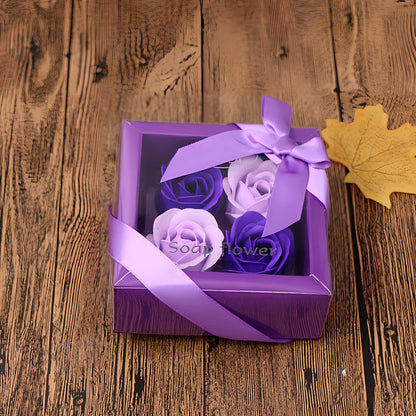 Handmade soap flower gift box in red heart-shaped tin with three blooms and bear, 12x12x5 cm for Valentine's Day