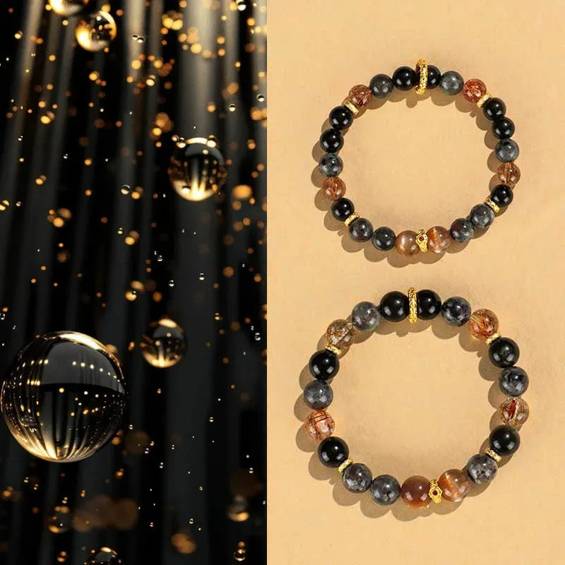 Handcrafted black Sunstone flame stone Wukong bracelet on wrist showing stone bead detail