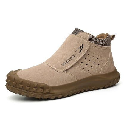 Low-top welder safety shoes with steel toe cap and lace-up closure in sand colour.