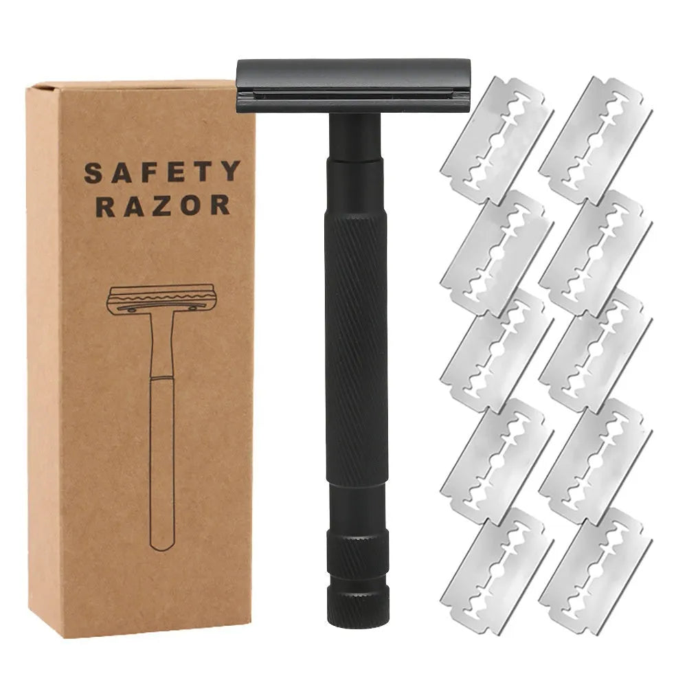 Traditional alloy double-edged safety razor with replaceable blades in choice of colours including black, silver, and rose gold.