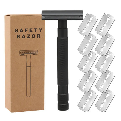 Traditional alloy double-edged safety razor with replaceable blades in choice of colours including black, silver, and rose gold.