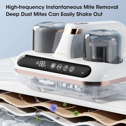 Cordless mattress vacuum cleaner with powerful suction, UV sterilization, and lightweight design for deep cleaning bedding and eliminating dust mites and allergens.