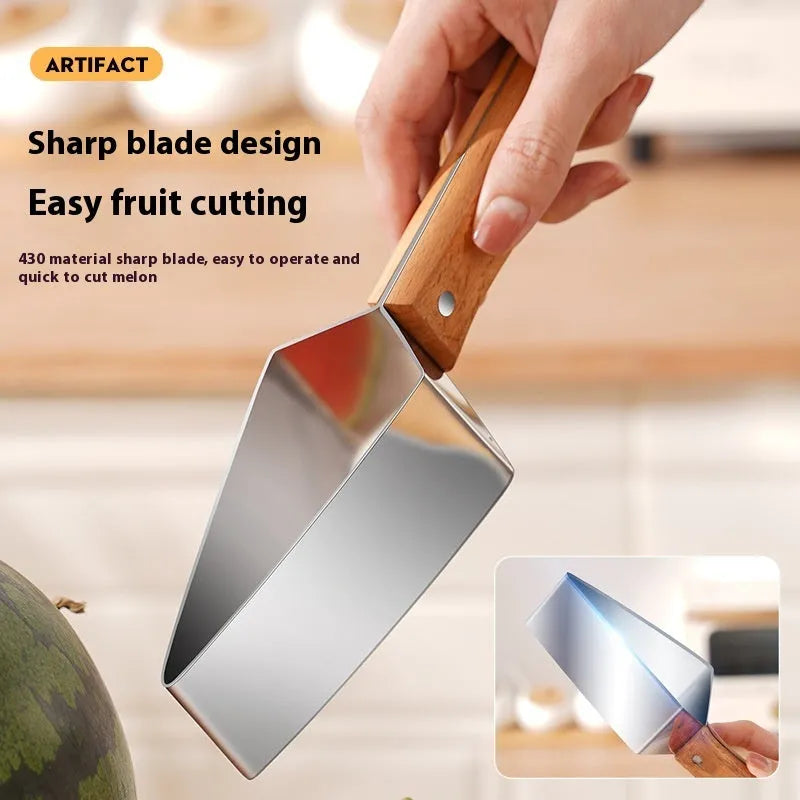 430 stainless steel watermelon slicer with triangle cutting blade and protective cover.