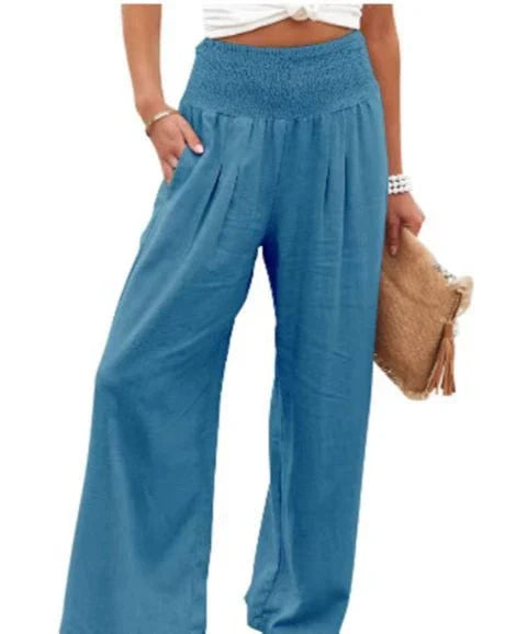 Women's wide leg casual pants in cotton linen blend, available in multiple colors