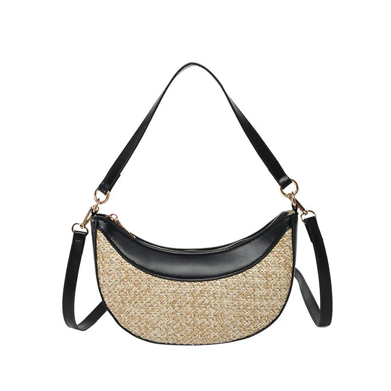 Women's hard-shell straw shoulder bag in a dumpling shape with a crossbody strap, shown in a choice of colours.