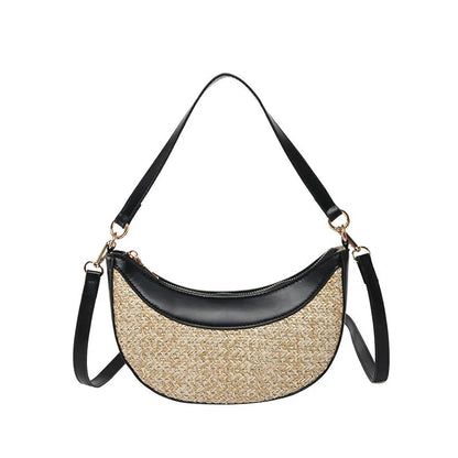 Women's hard-shell straw shoulder bag in a dumpling shape with a crossbody strap, shown in a choice of colours.