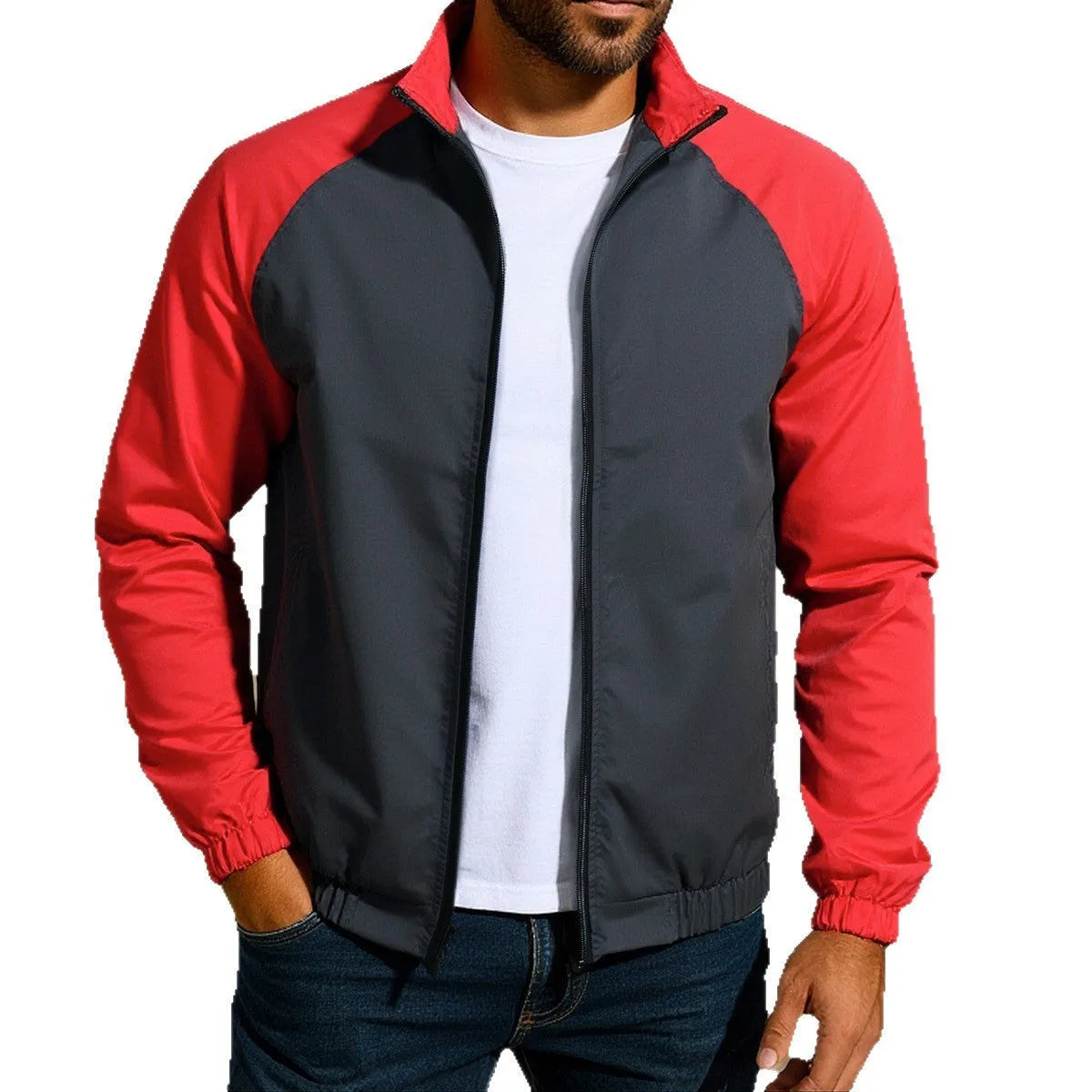 Men's red stand collar casual jacket with raglan sleeves on a hanger.