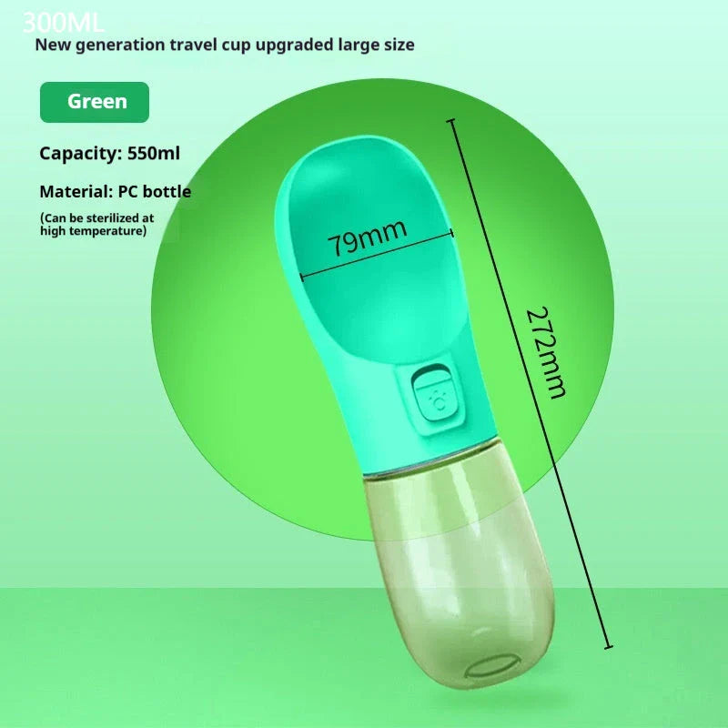 Portable pet water bottle and feeding bowl made of durable, BPA-free plastic with a leak-proof design and large opening for easy drinking and refilling