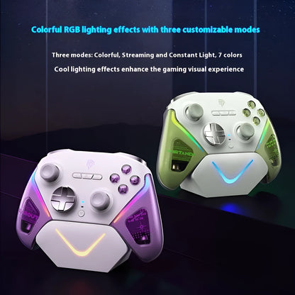 Rocker Smart gaming controller in black on its charging dock, showing textured double-cut triggers and Type-C port