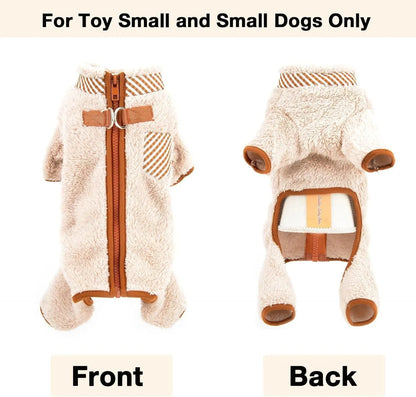 Green plush fleece dog jumpsuit coat with a back zipper and D-rings on a small dog.