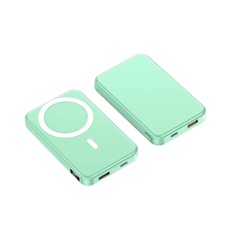 Ultra-thin 10000mAh magnetic wireless power bank in black, blue, or white, 15W fast charge for iPhone.