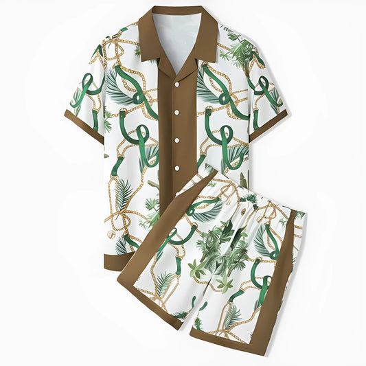 Men's and women's plaid pattern beach shirt outfit with top and trousers on mannequin