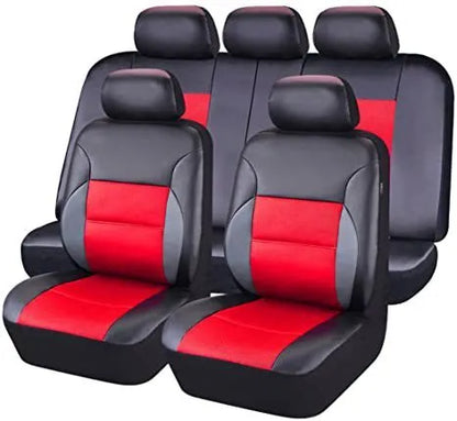 Artificial leather car seat covers in black, showing 9-piece set with headrest and seat protection on a 5-seater car