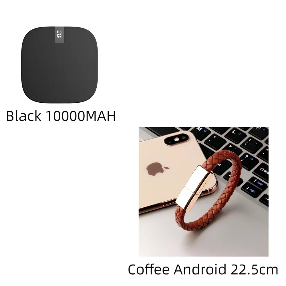 Red 10000 mAh mini power bank with digital display showing battery percentage, measuring 90x64x24mm