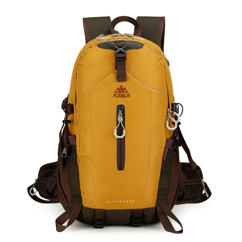 AZELA Electron 40L hiking backpack in white and navy with multiple compartments and adjustable straps