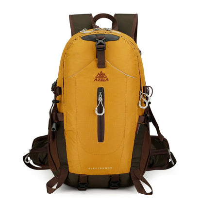 AZELA Electron 40L hiking backpack in white and navy with multiple compartments and adjustable straps
