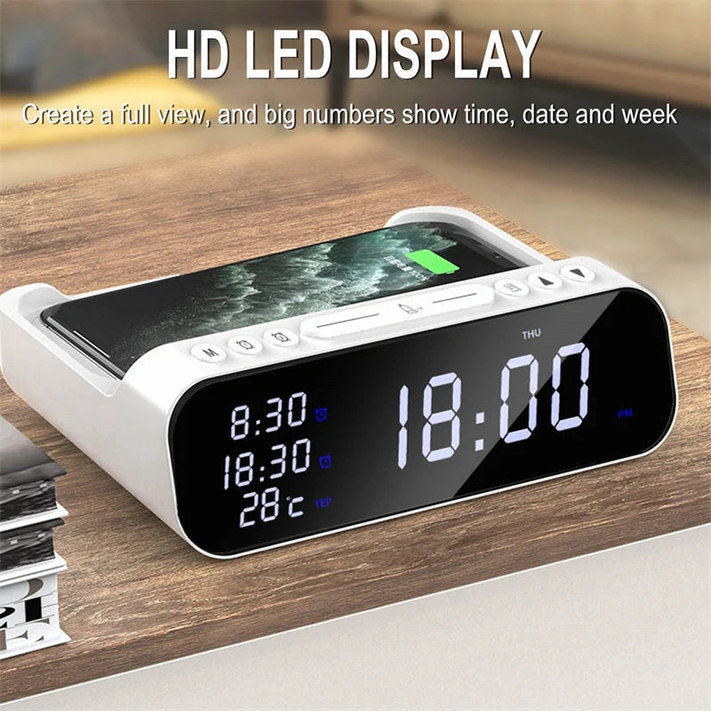 15W Three-in-One Wireless Charger with Alarm Clock and Temperature Tester in black and white