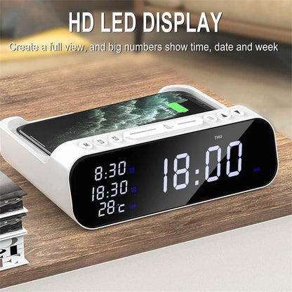 15W Three-in-One Wireless Charger with Alarm Clock and Temperature Tester in black and white