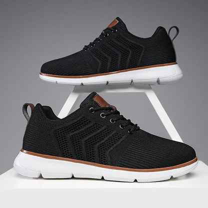 Men's black lace-up mesh sneakers with woven detail for casual and sports wear