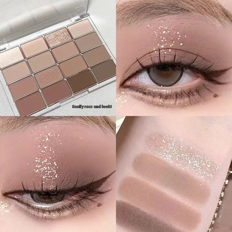 16-colour eye shadow palette showing matte and shimmer powder shades in pink, brown and lavender tones