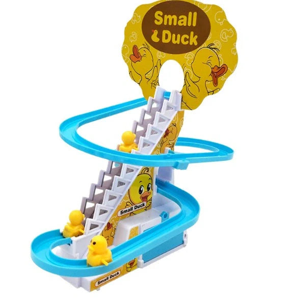 Little Duck Climbing Stairs Toy showing three yellow ducks on rotating slide with colourful LED lights