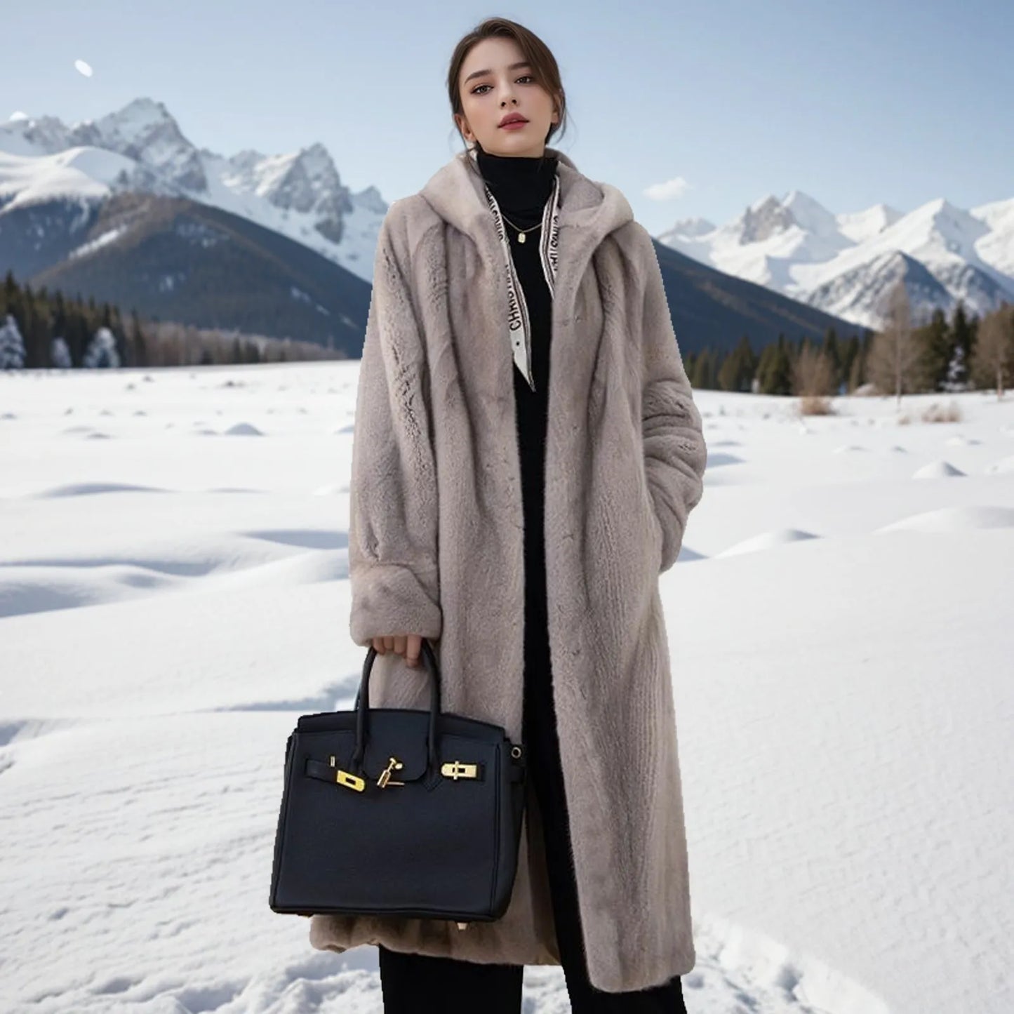 Brown leopard print faux fur coat with regular sleeves, 100cm length, plus size outerwear
