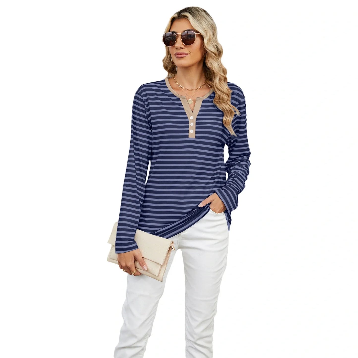 Stylish striped long-sleeve V-neck top for women in various color options