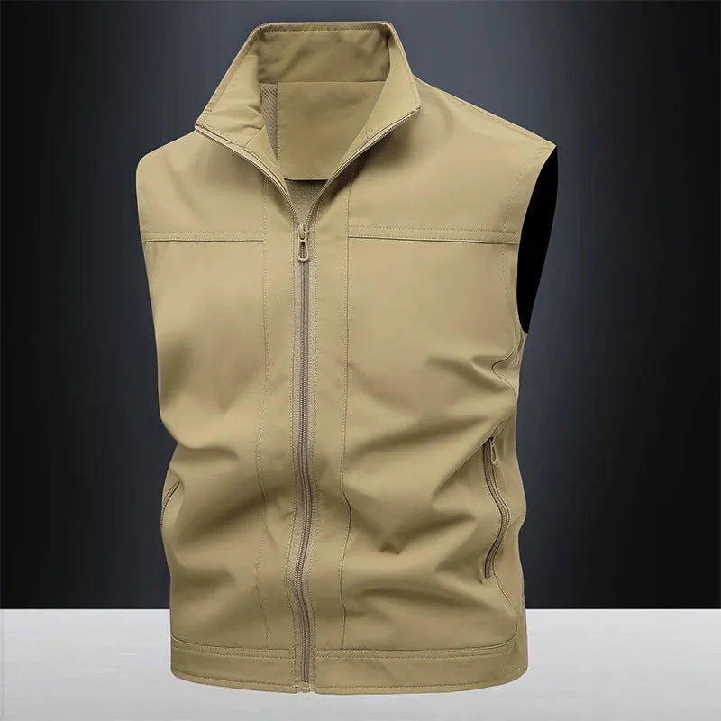 Men's loose fit casual work shirt with a stand-up collar in an army green colour.