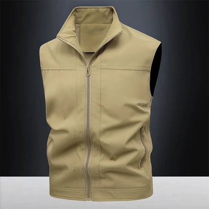 Men's loose fit casual work shirt with a stand-up collar in an army green colour.
