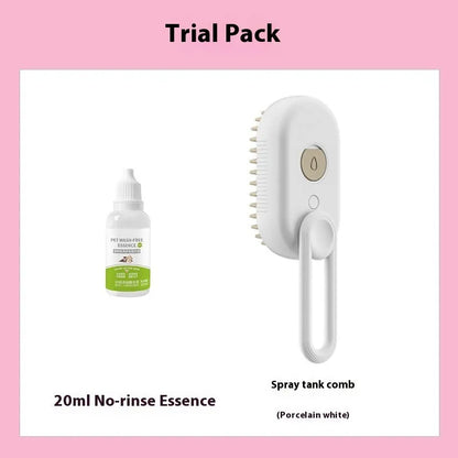 Dog grooming spray bottle and massaging comb kit on a white background.