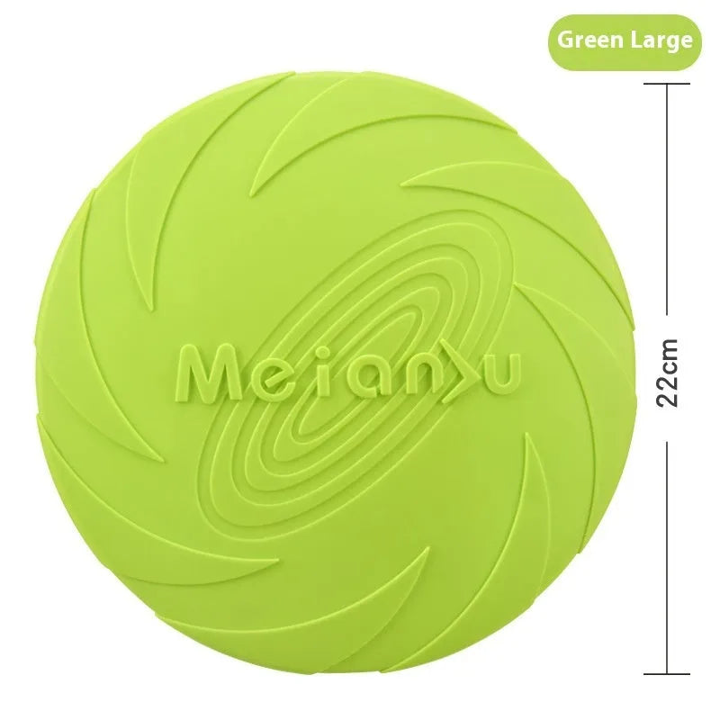 Soft rubber dog frisbee toy in red, blue, and green colours showing small, medium, and large size options
