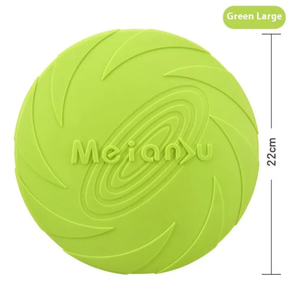 Soft rubber dog frisbee toy in red, blue, and green colours showing small, medium, and large size options
