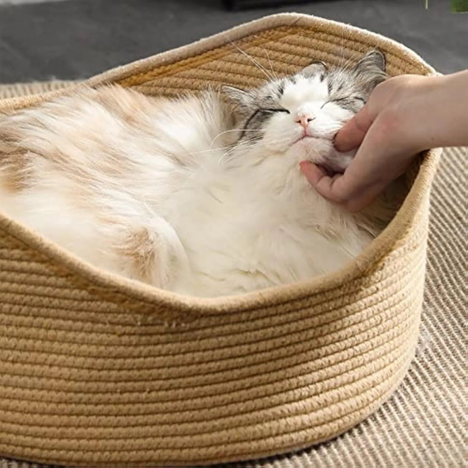 Natural wicker cat basket with integrated corrugated cardboard scratching panel side.