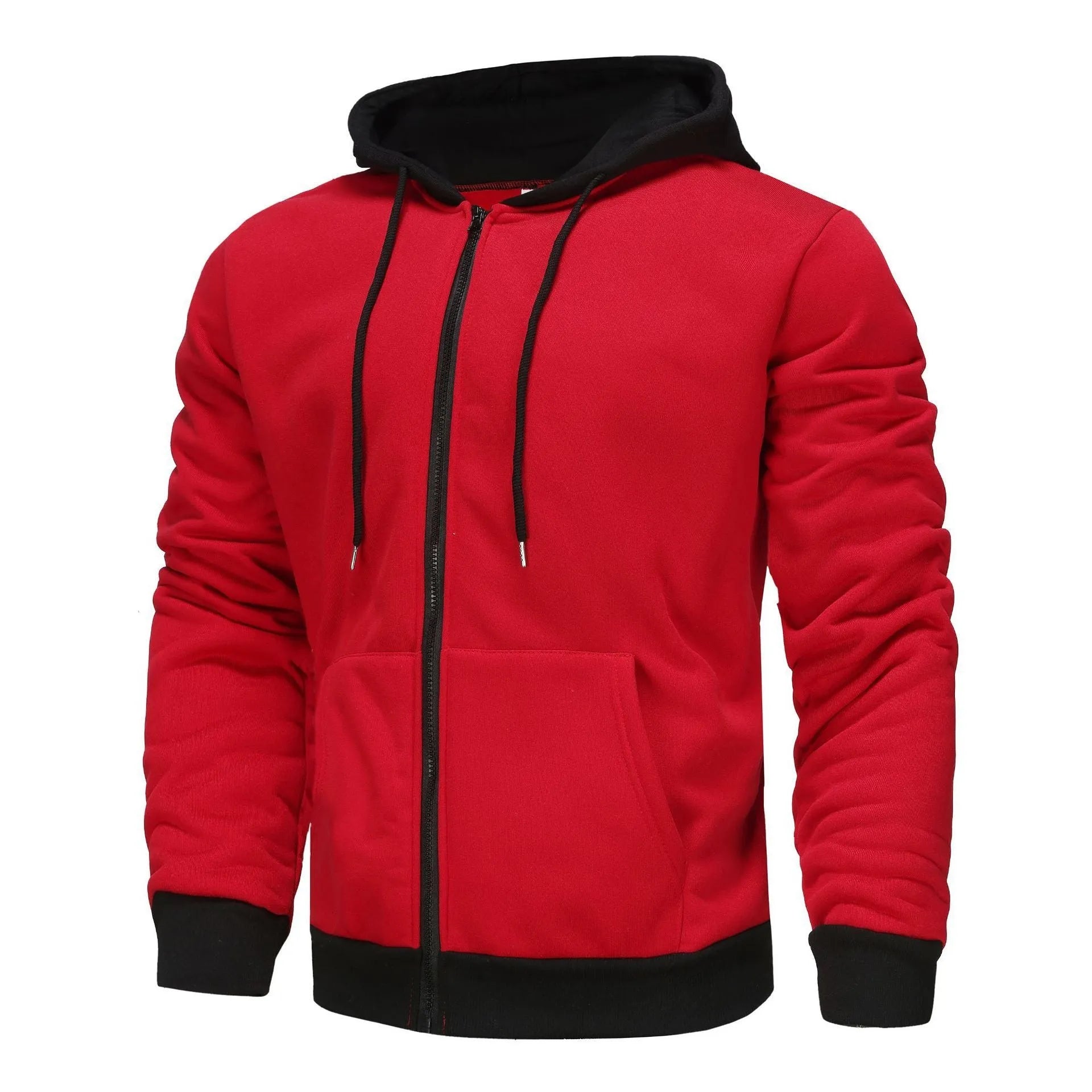 Men's black zip-up hoodie cardigan with a fleece lining, shown with the hood up.