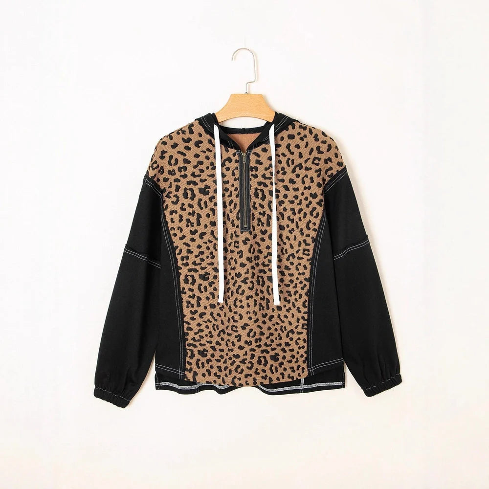 Brown leopard print women's V-neck long sleeve polyester sweater with loose fit