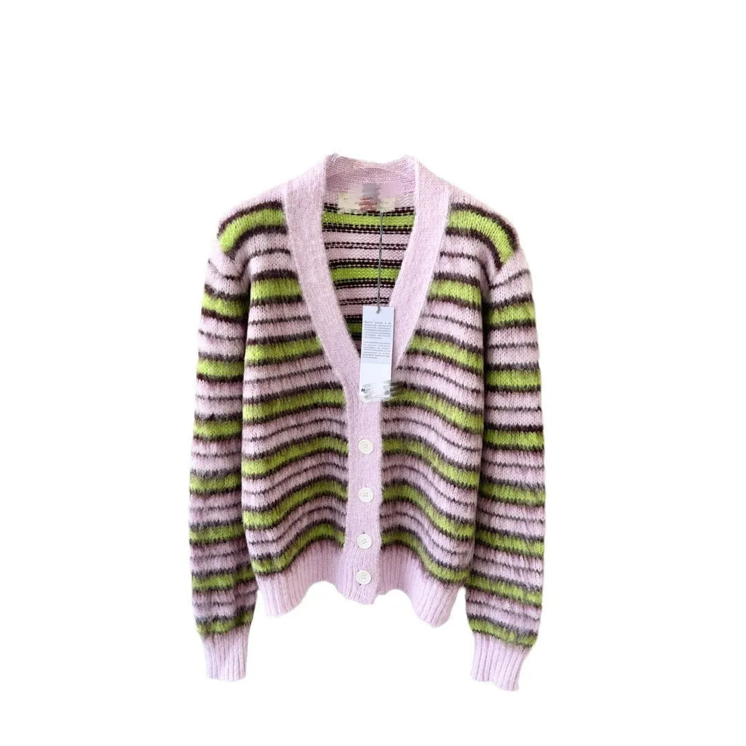 Pink wool ladies cardigan sweater with nap finish and contrast detailing, shown in cardigan and pullover styles.
