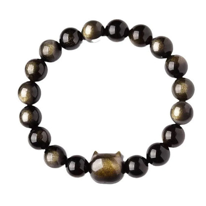 Obsidian cat head bracelet with round beads and feline charm in gold or silver style options