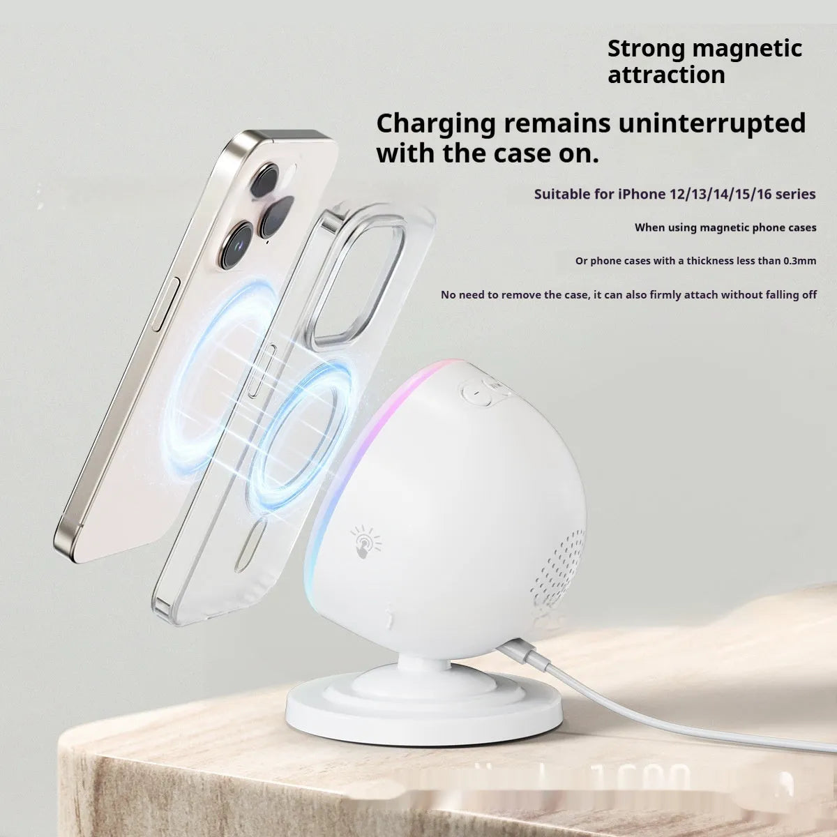 Three-in-one wireless charger with Bluetooth audio and coloured lights, 15W, in black or white