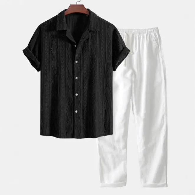 Slim-fit casual suit with digital camouflage print, short-sleeved lapel shirt, and matching trousers for leisure wear