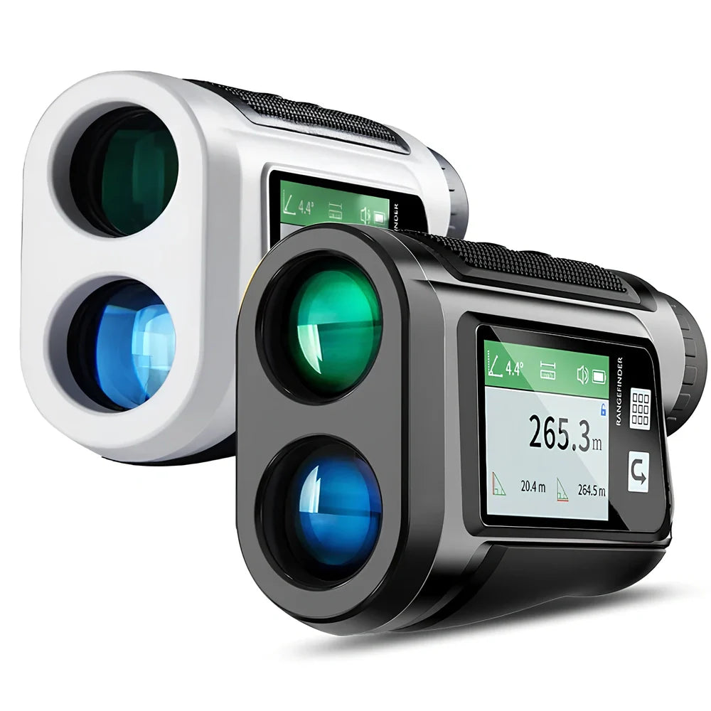 Black golf laser rangefinder with touch screen display showing distance measurement