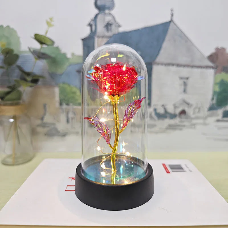 Glass cover small night lamp with plastic flowers, 15cm height, black base, and multiple light colour options