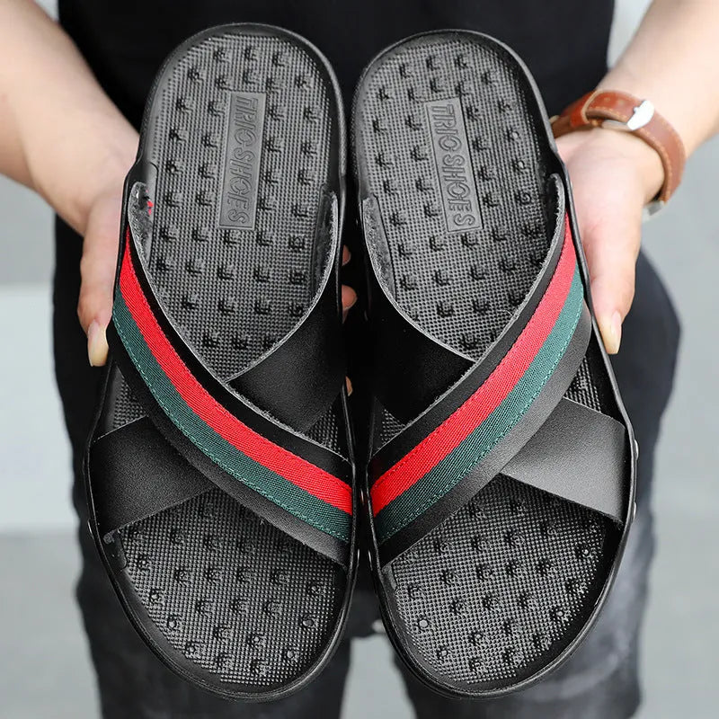 Men's cowhide flip-flops with non-slip PU sole in black, blue, or white, showing UK sizes 38-48 for beach and home use