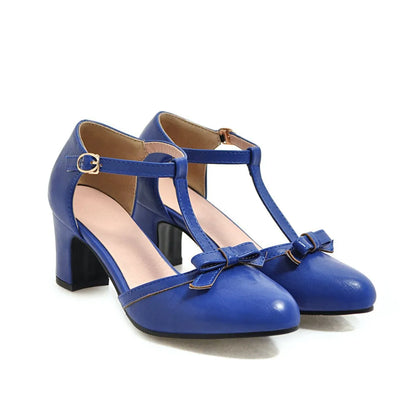 Women's chunky heel sandals with bow detail and adjustable buckle strap in solid colour
