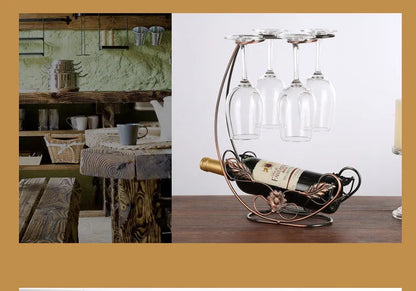 Iron wire wine rack holding four wine glasses, European style, bronze or gold finish.