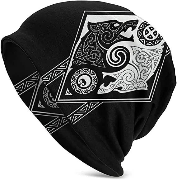 A black cotton hat with a white Viking wolf graphic and an elasticated sleeve cap construction.