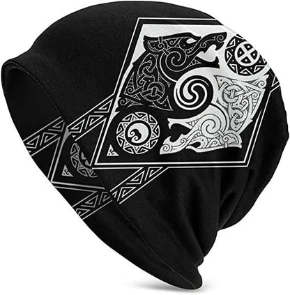 A black cotton hat with a white Viking wolf graphic and an elasticated sleeve cap construction.