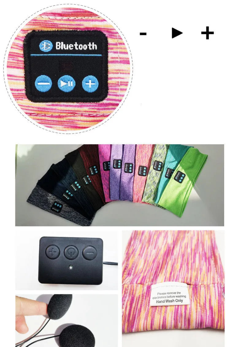 Wireless eye mask Bluetooth headset running headscarf in pink with music label, head-mounted stereo design