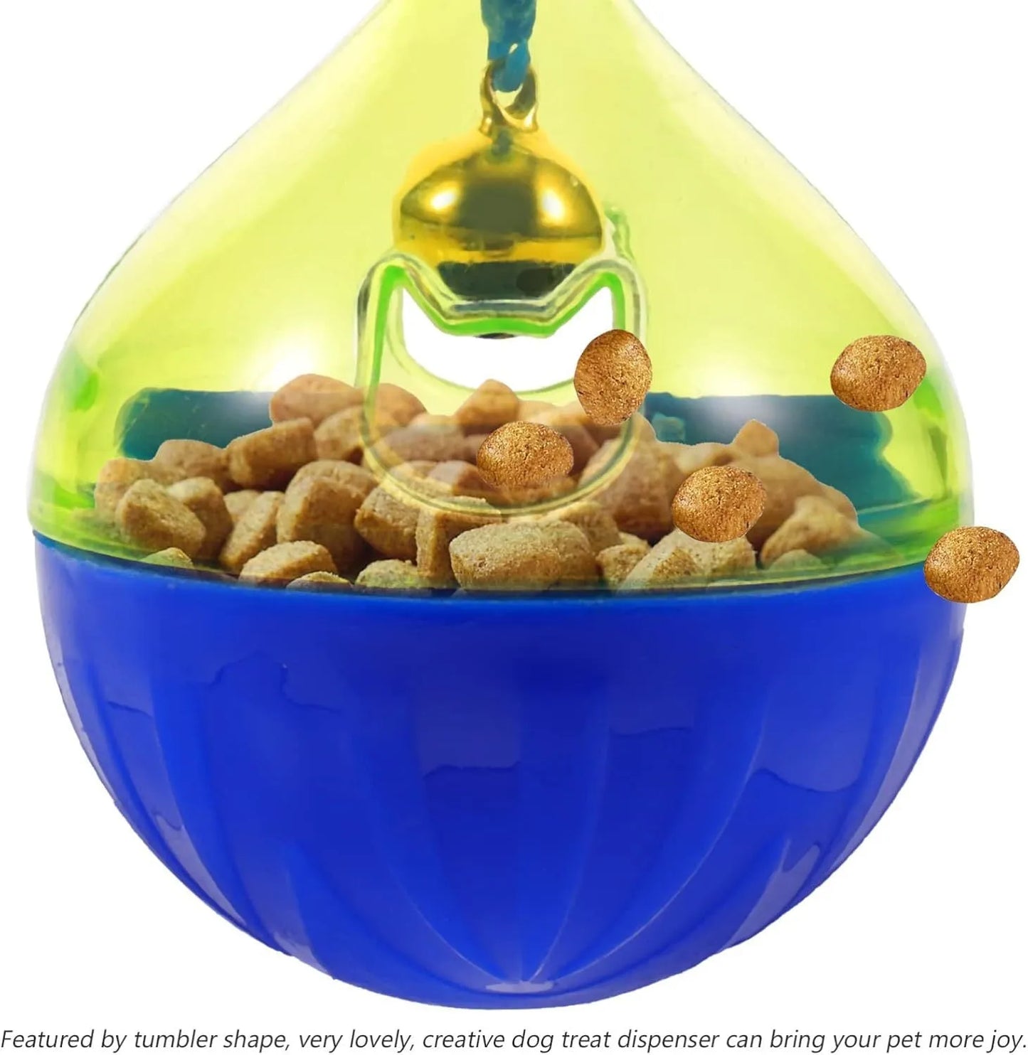 Tumbler-shaped pet treat dispenser measuring 14cm with food-leaking openings for slow feeding