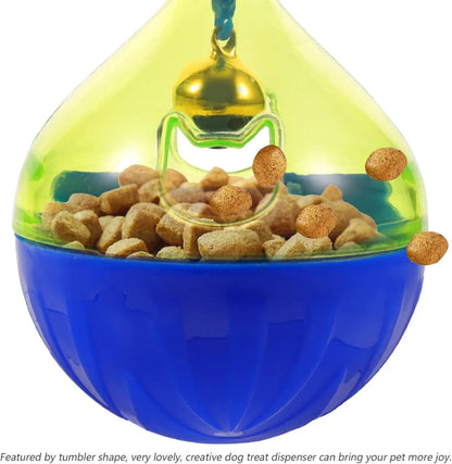 Tumbler-shaped pet treat dispenser measuring 14cm with food-leaking openings for slow feeding