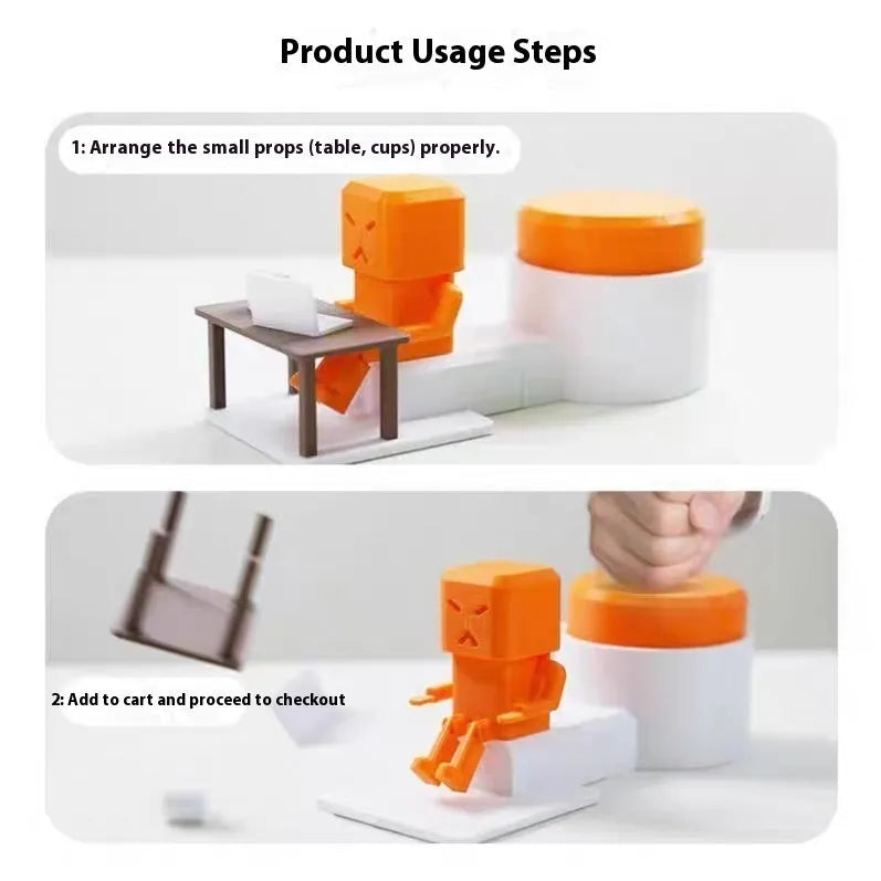 Orange plastic vent decompression toy with turning table mechanism on a desk.